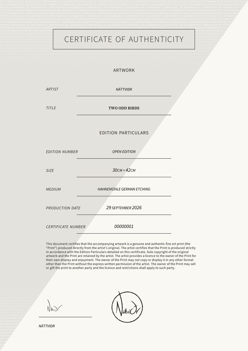 Two Odd Birds — Certificate of Authenticity