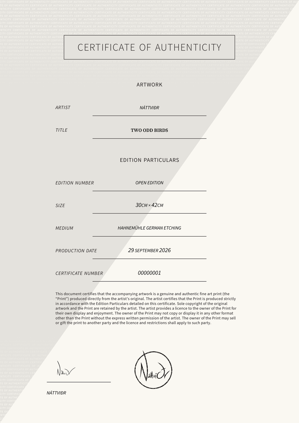 Two Odd Birds — Certificate of Authenticity