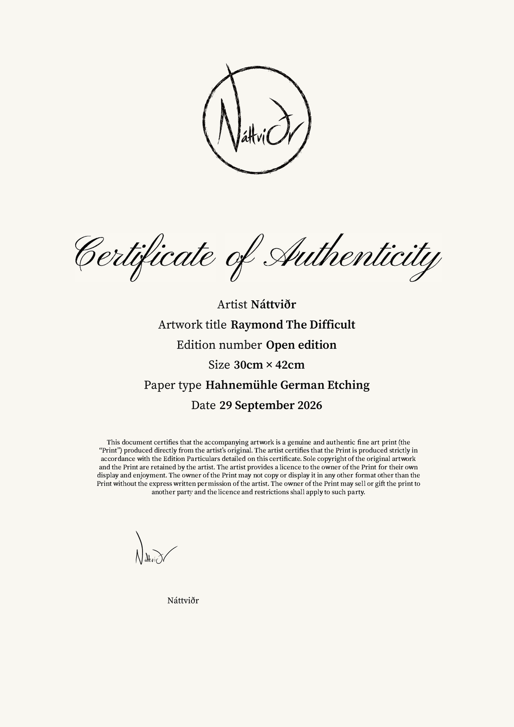 Raymond The Difficult — Certificate of Authenticity