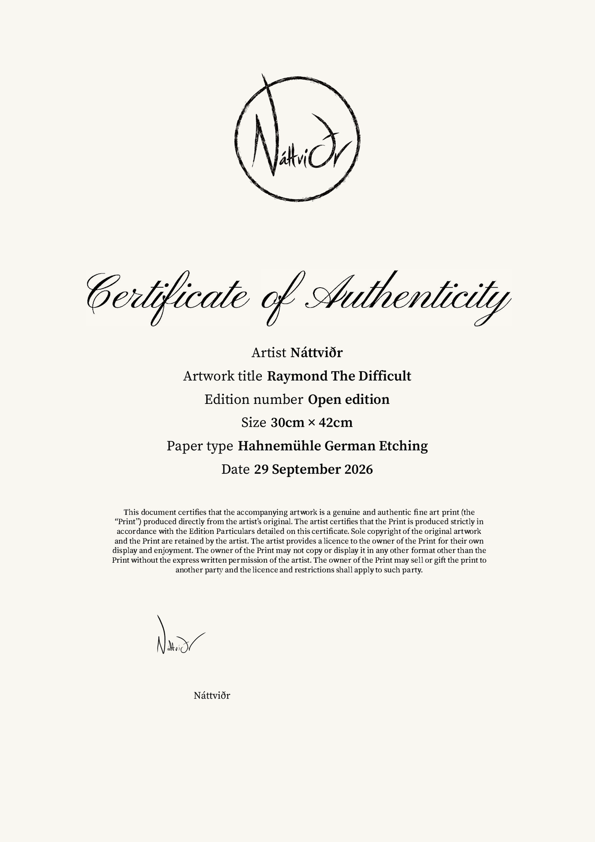 Raymond The Difficult — Certificate of Authenticity
